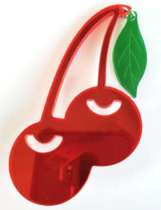 Vintage Cherries Dangle Leaf Mirrorized Plastic Pin 3-7/8" - Picture 1 of 4