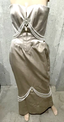 CD Greene Pearl Crystal Embroidered Silk Taupe Beige Long Maxi Gown Dress US 4 - Image 1 of 4