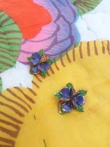 Vintage 1920s Enamel Flower Earrings. Clip On. Violets. Gift Wrapped - Picture 1 of 5