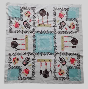 Vintage 50er Jahre kleine quadratische Küchentischdecke 43 x 45 Kochgeschirr MCM türkis - Bild 1 von 10