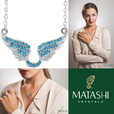Collar chapado en rodio de 16" con alas de ángel y cristales azul océano de Matashi Foto 1 de 4
