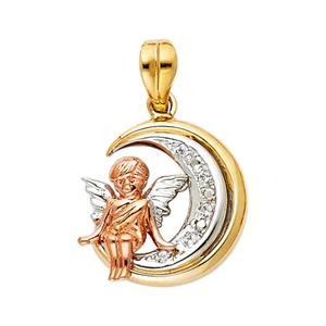GOLD-14K Tri Color Gold Cubic Zirconia CZ Angel Charm Pendant For Necklace Chain - Picture 1 of 4