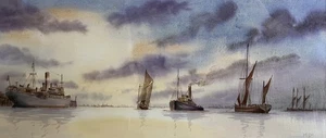 VINTAGE WATERCOLOUR PAINTING Exhibited Maritime Study Quiet Harbour SIGNED "MGM" - Picture 1 of 10
