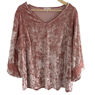 Camisa Westport 1962 Rosa Terciopelo Aplastado Top Talla 3x Crochet Encaje Acento Cuello en V Foto 1 de 4