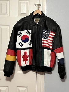 Vintage 90s Phase 2 Leather International Flag Bomber Jacket Size Medium M - Bild 1 von 24