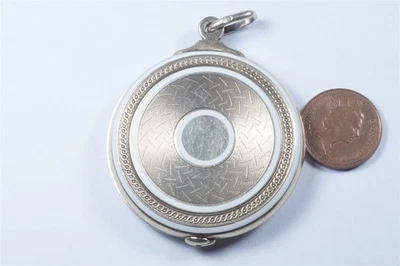VANITY MIRROR LOCKET PENDANT - ANTIQUE SILVER ENAMEL c1906 VERY GOOD QUALITY - Image 1 of 4