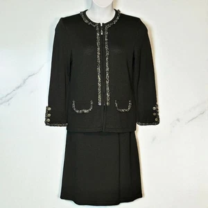 Vintage MITA Designer Black Knit Skirt Suit Size 10 Zip Jacket Silver Trim Chic - Picture 1 of 11
