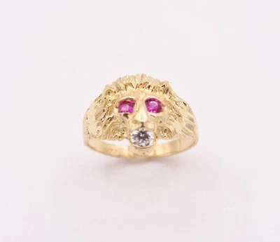 Anillo Cabeza de León Unisex Para Hombre Ojos Rosados Real Sólido Oro Amarillo 10K Talla 8 Foto 1 de 4