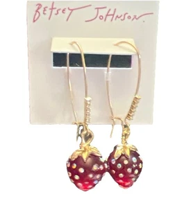 Betsey Johnson Gold Tone Red Translucent Strawberry Drop Earrings Crystal Hook - Picture 1 of 9