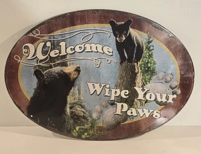 Welcome Wipe Your Paws Bear Metal Wall Sign – Rustic Cabin Lodge Décor - Image 1 of 4