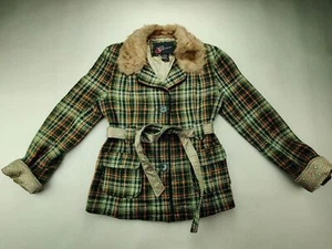BKE Outerwear Damen großer mehrfarbiger Kunstfellkragen Langarm Gürtel Erbsenmantel - Bild 1 von 9