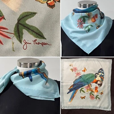Bufanda/bandana Jim Thompson sarga de seda loro y mariposas 47x47 cm dobladillos enrollables Foto 1 de 4