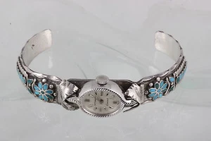 STERLING SILVER EMBOSSED TURQUOISE INLAID STONES CUFF WATCH BRACELET 925 3591 - Picture 1 of 4