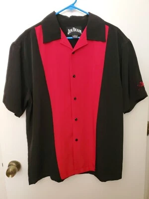 Vtg Jim Beam Men L Bowling Shirt Black & Red SS Color Block Button Up Embroidery - Image 1 of 4