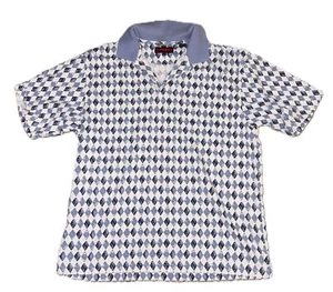 Vintage Austin Reed Mens Medium Blue White Golf Polo Shirt Argyle Pattern Design - Picture 1 of 4