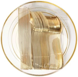 60pcs Party Gold Plates, Silverware Gold Trim, Wedding Birthday - Picture 1 of 6