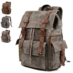 Vintage Water Resistant Waxed Canvas Flap Drawstring Backpack Day Travel Hiking - Picture 1 of 16