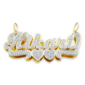 14K Solid Gold Double Plates Diamond Accent Name Pendant 3D 2 Hearts - Picture 1 of 2