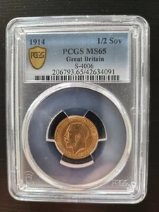 1914 Great Britain George V Gold 1/2 Sovereign. PCGS MS-65 only 7 graded Higher - Picture 1 of 4