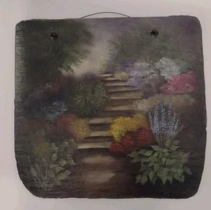 Antik Dach Schiefer Original Gemälde Blume Garten Stufen Handwerk Kunst 10x9,5" - Bild 1 von 2