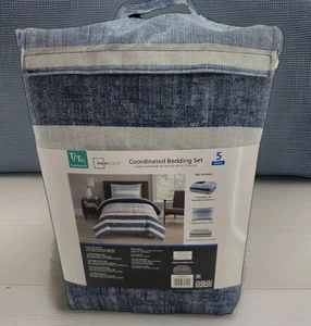 Mainstays Coordinated Bedding Set Twin/Twin XL 5 Piece Blue Stripe Comforter NIP - Picture 1 of 6