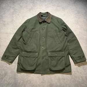 Vintage Lands End Scheunenmantel Herren groß gesteppt gefüttert Feldjacke Lederbesatz - Bild 1 von 18