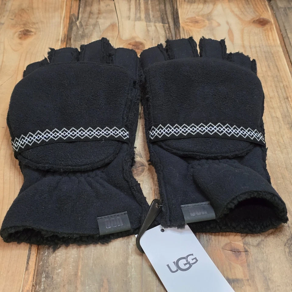 UGG KNIT FLUFF FLEECE FLIP MITTEN MENS L/XL CONVERTIBLE GLOVE ~ BLACK Foto 1 de 4