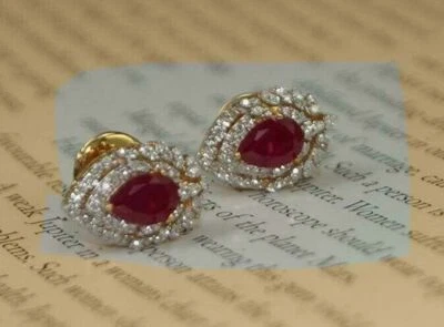 3Ct Pear Cut Created Red Ruby Halo Diamond Stud Earrings 14K Yellow Gold Plated - Image 1 of 4