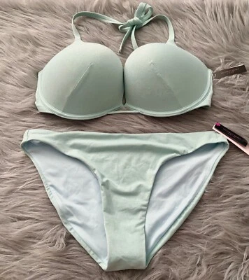 Victoria's Secret Brillo +2 Tazas Bombshell Parte Superior Inferior Conjunto de Bikini de Natación 38D M -DEFECTUOSO Foto 1 de 4
