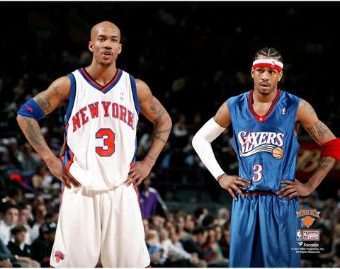 Stephon Marbury New York Knicks Unsigned White Jersey Standing With Cover