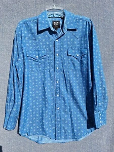 Ely Cattleman Mens L/S Shirt SZ L Chambray Blue Paisley Pearl Snap Western - Picture 1 of 8