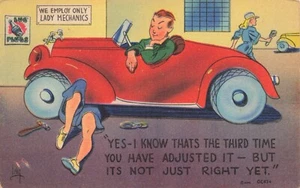 Postcard We Employ Only Lady Mechanics Vintage Comic Man in Sports Car - Picture 1 of 2