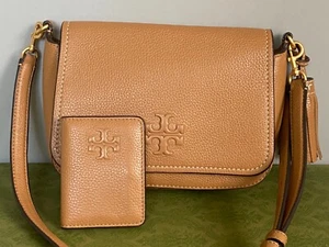 TORY BURCH Thea Web Flap Pebbled Leather Shoulder Bag & Thea Slim Card Case -Tan - Picture 1 of 15