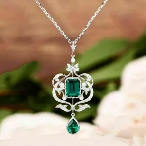 Art Deco Pear Emerald & Lab Created Diamond Floral Wedding 925 Silver Pendant - Picture 1 of 6