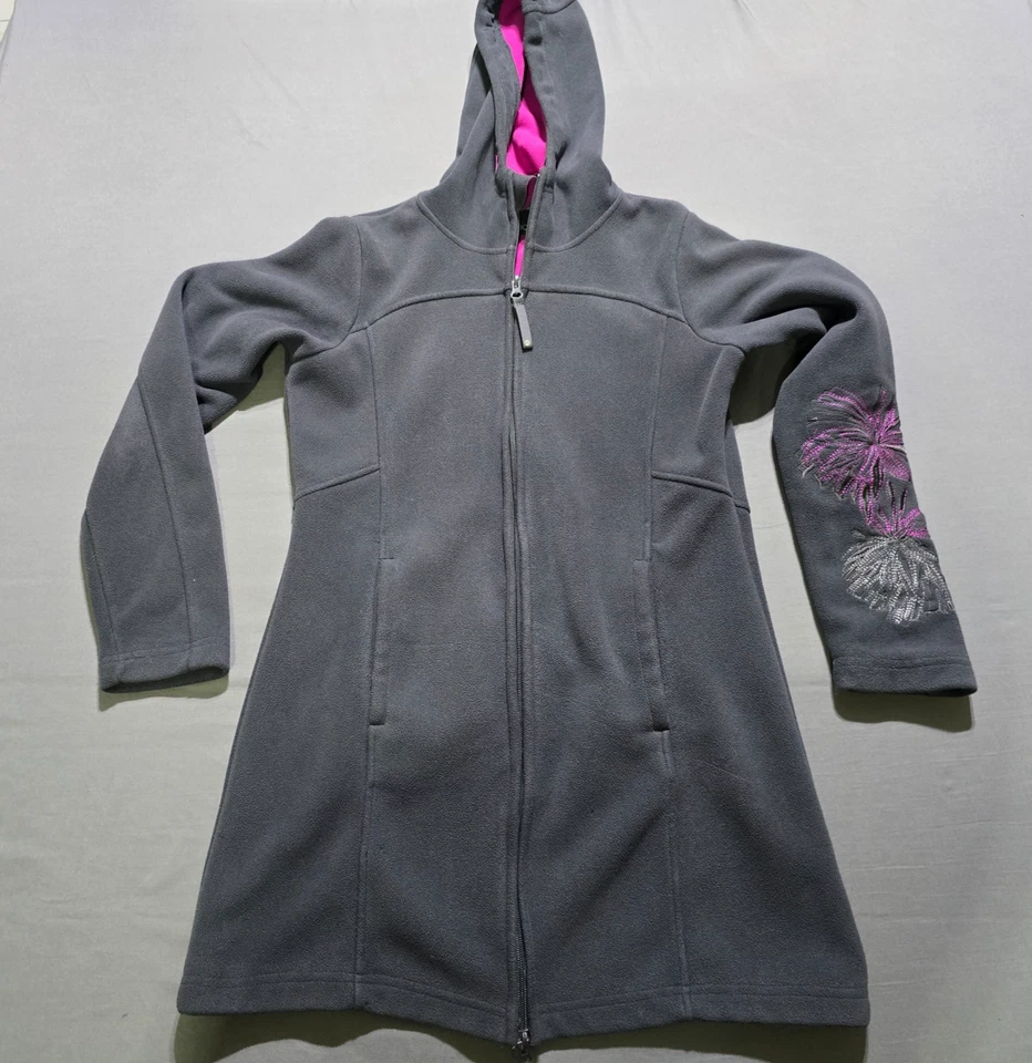 MONDETTA Sudadera con Capucha Cremallera Gris Chaqueta Polar Floral Bordada Pequeña Larga Foto 1 de 4