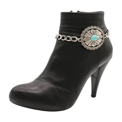 Women 2PCS Silver Metal Boot Chain Bracelet SET Shoe Anklets Flower Charm PAIR - Imagem 1 de 4