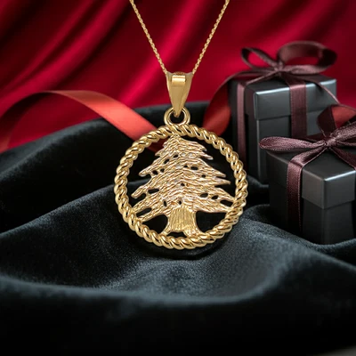 Collar colgante de árbol de cedro libanés dorado borde de cuerda joyería unisex (10k/14k) Foto 1 de 4