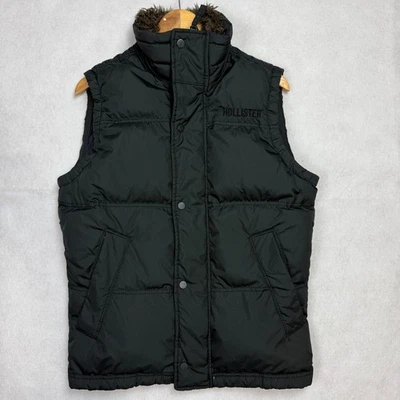 Hollister Y2K Mens Black Puffer Vest Faux Fur Collar Size S Full Zip Snap Preppy - Image 1 of 4