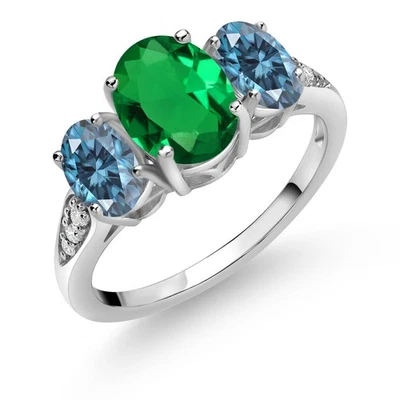 10K White Gold Nano Emerald Persian Blue Moissanite and White Lab Grown Diamond - Image 1 of 4