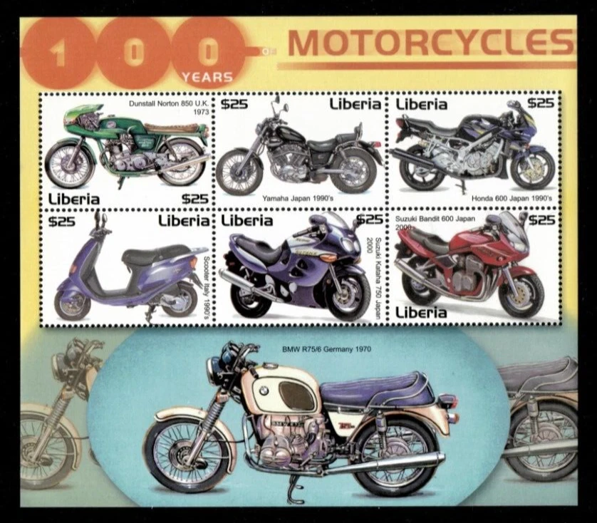 Liberia 2001 - Motocicletas - Honda, Yamaha - Hoja de 6 sellos - MNH Foto 1 de 1
