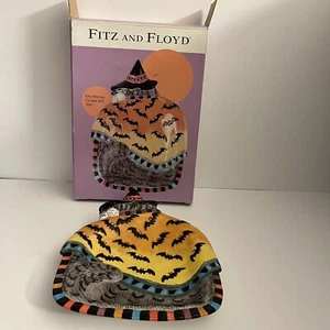 Fitz Floyd Kitty Witches Halloween Cat Orange Cape Bats Canape Serving Plate - Picture 1 of 14