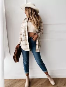 Casual Relaxed Long Sleeve Grid Shirt Pockets Womens Open Front Turn-Down Jacket - Picture 1 of 6