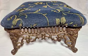 Vintage Foot Stool Cast Iron Victorian Rose Base 14" Square Upholstered Top - Picture 1 of 13