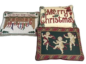 VTG Riverdale Christmas Tapestry Throw Pillows Set Of 3 Santa Angels Stockings - Picture 1 of 22