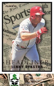 1995 Fleer Update Headliners #8 Lenny Dykstra - Philadelphia Phillies - Picture 1 of 2