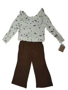 Grayson Collective Girls 4T Outfit with Leaf Print Cotton Top and Brown Pants. - Picture 1 of 8
