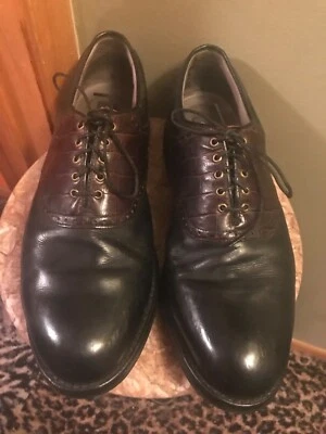 13 D Footjoy Classics Tour black & Brown Alligator Print Golf saddle spike shoes - Image 1 of 4