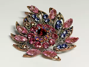 Vintage Brooch Silver Tone Metal Crystals Pink Purple Filigree Floral - Picture 1 of 7