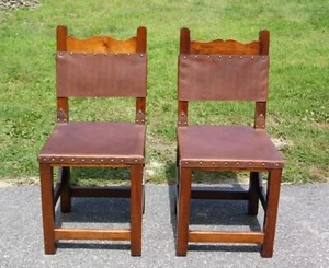 Vintage Pair Rustic Spanish Colonial Solid Walnut & Leather Chairs - Picture 1 of 12