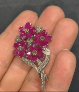 3.00Ct Oval Cut Lab Created Ruby Flower Brooch Pin 14K White Gold Plated - Picture 1 of 8